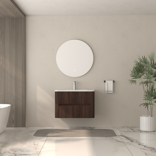 Dark Walnut 30" Floating Bathroom Vanity, Integrated Sink