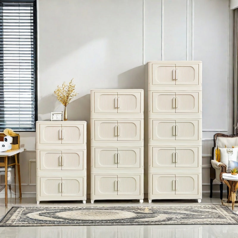 Cream White Folding Storage Cabinet on Wheels for Entryway