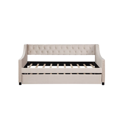 Classic Tufted Daybed w/ Trundle for Guest Room, Full, Beige