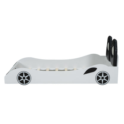 Race Car Twin Platform Bed for Kids, LED & Padded Headboard