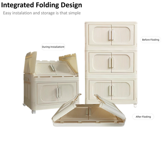 Cream White Folding Storage Cabinet on Wheels for Entryway