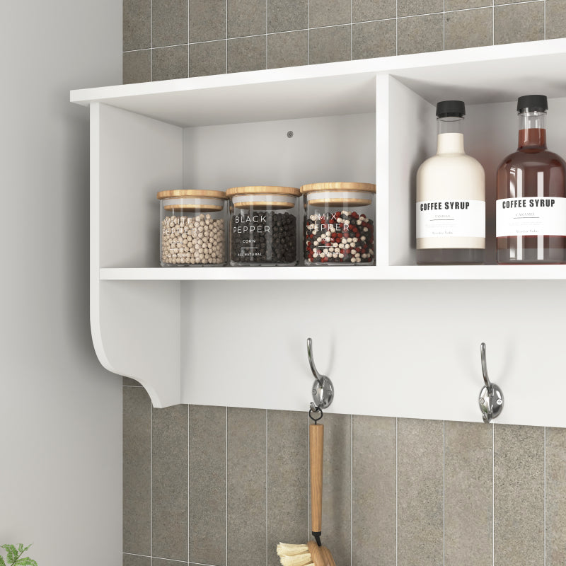 White Wall Coat Rack for Entryway, Shelf & 4 Dual Hooks