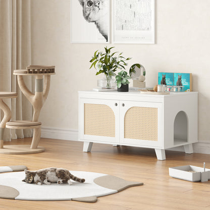 Boho Rattan Cat Litter Box Cabinet for Home, Flip-Top