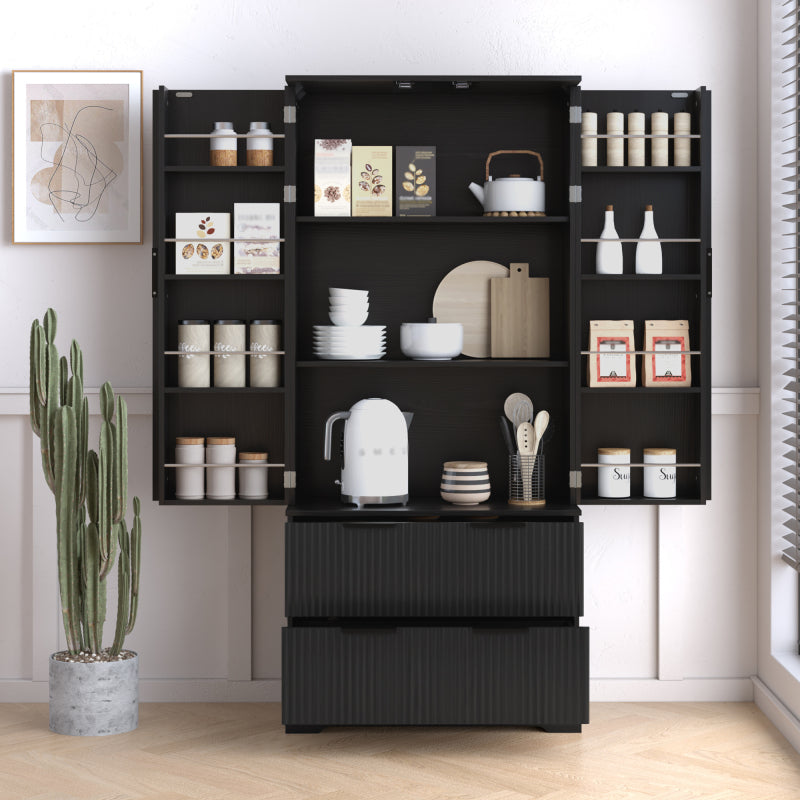 Modern Fluted Kitchen Pantry Cabinet, Drawers & Spice Racks