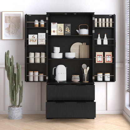 Modern Fluted Kitchen Pantry Cabinet, Drawers & Spice Racks