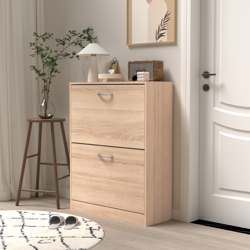 Modern Oak Shoe Cabinet for Entryway with Dual Flip Doors