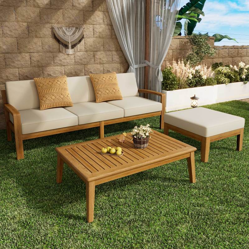 GRENADA Rustic L-Shaped Patio Sectional Sofa Set Acacia Wood