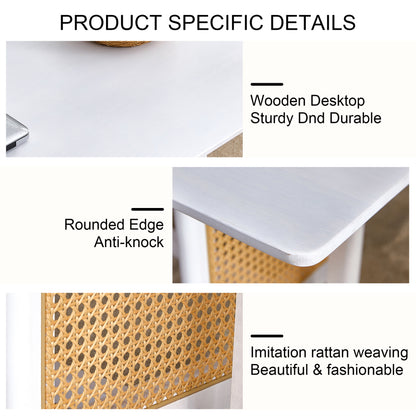 Asian-Style White Solid Wood Coffee Table, Faux Rattan Legs