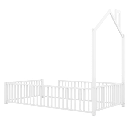 Playhouse Twin Metal Bed for Kids with Guardrail & Chimney