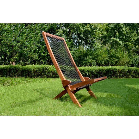 Coastal Folding Rope-Weave Wood Chair for Patio, Folds Flat