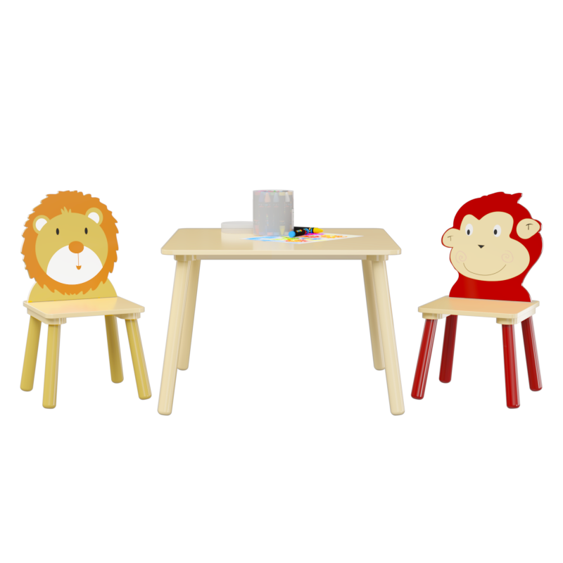 Wooden Kids Table & 2 Chairs for Playroom, Lion & Monkey