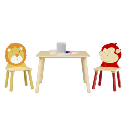 Wooden Kids Table & 2 Chairs for Playroom, Lion & Monkey