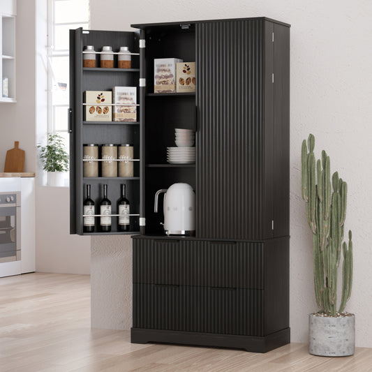 Modern Fluted Kitchen Pantry Cabinet, Drawers & Spice Racks
