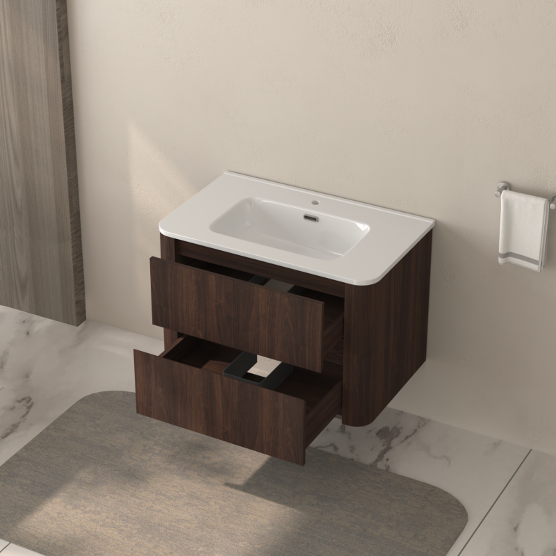 Dark Walnut 30" Floating Bathroom Vanity, Integrated Sink