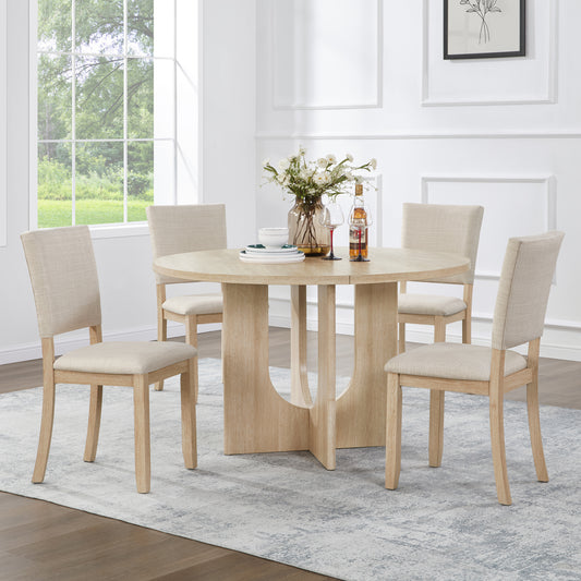 47.3 Inch Round Dining Set with 4 Upholstered Dining Chairs, Light Oak & Beige