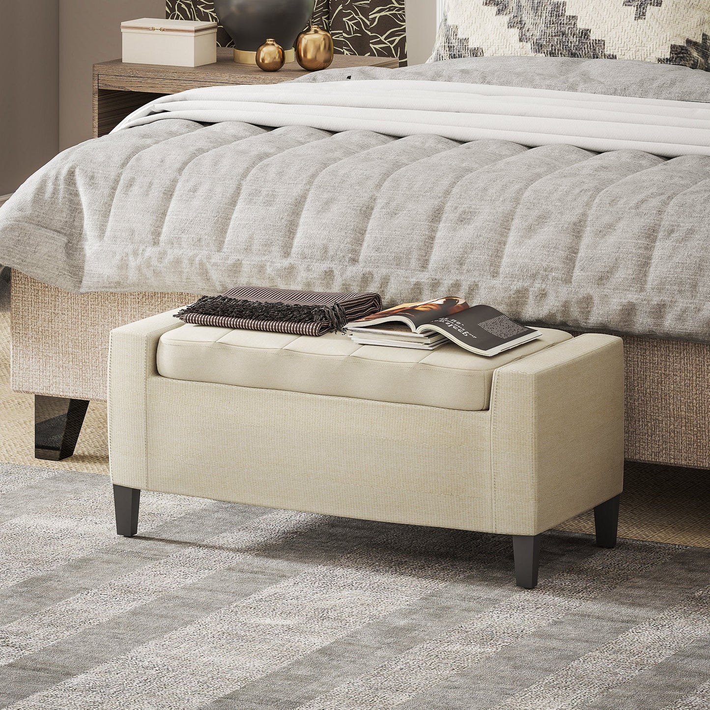 HOMCOM Linen Ottoman Bench for Entryway, Lift-Top Storage