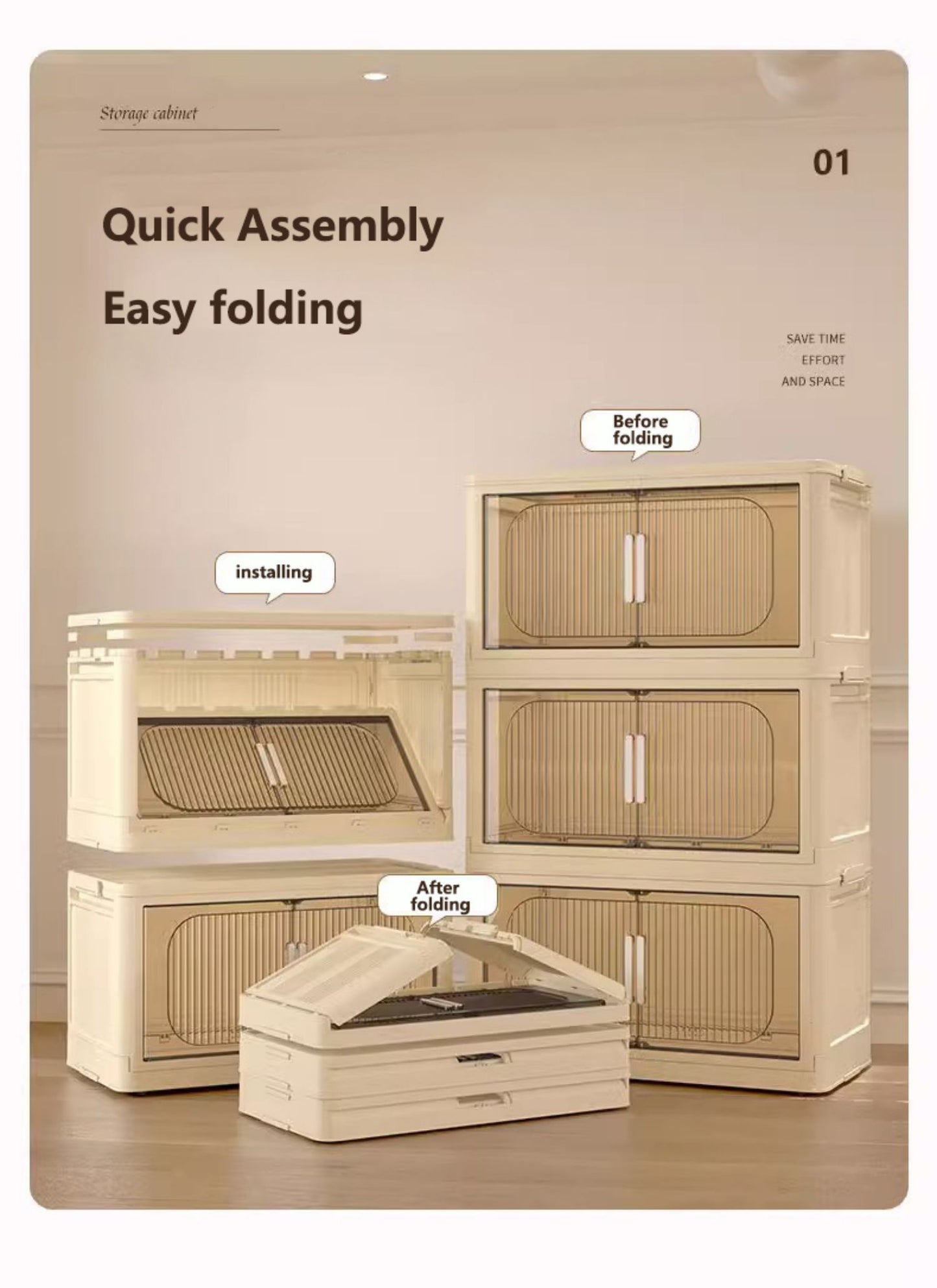 Modern Folding Closet Cabinet with Wheels, 3-Tier