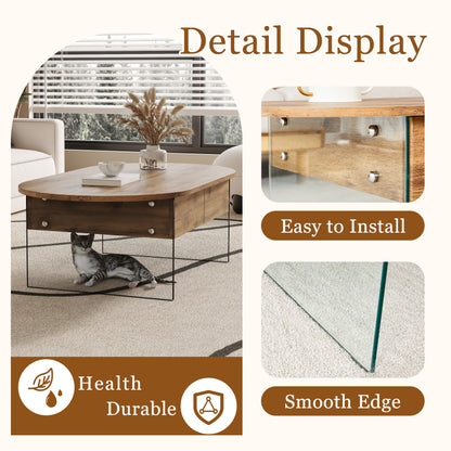 Natural Oval Coffee Table, Living Room, Glass Sides, Drawers