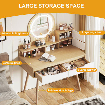 Modern Makeup Vanity for Small Bedrooms, Tri-Fold LED Mirror