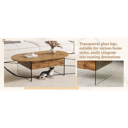 Natural Oval Coffee Table, Living Room, Glass Sides, Drawers