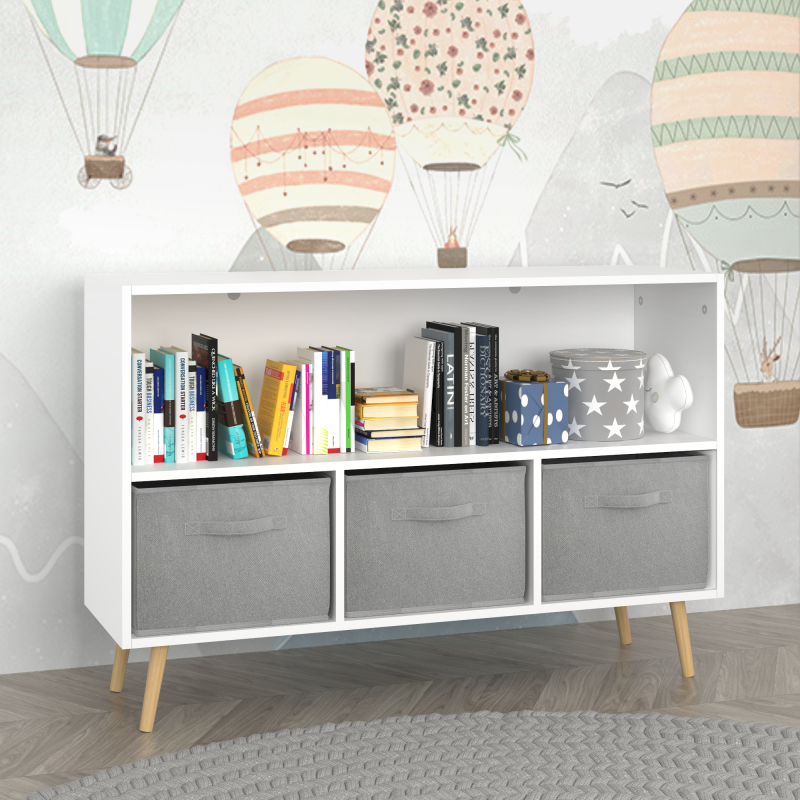 Modern Kids Bookcase for Playroom w/ Collapsible Fabric Bins