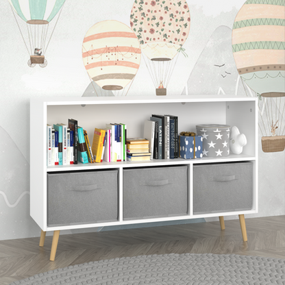 Modern Kids Bookcase for Playroom w/ Collapsible Fabric Bins