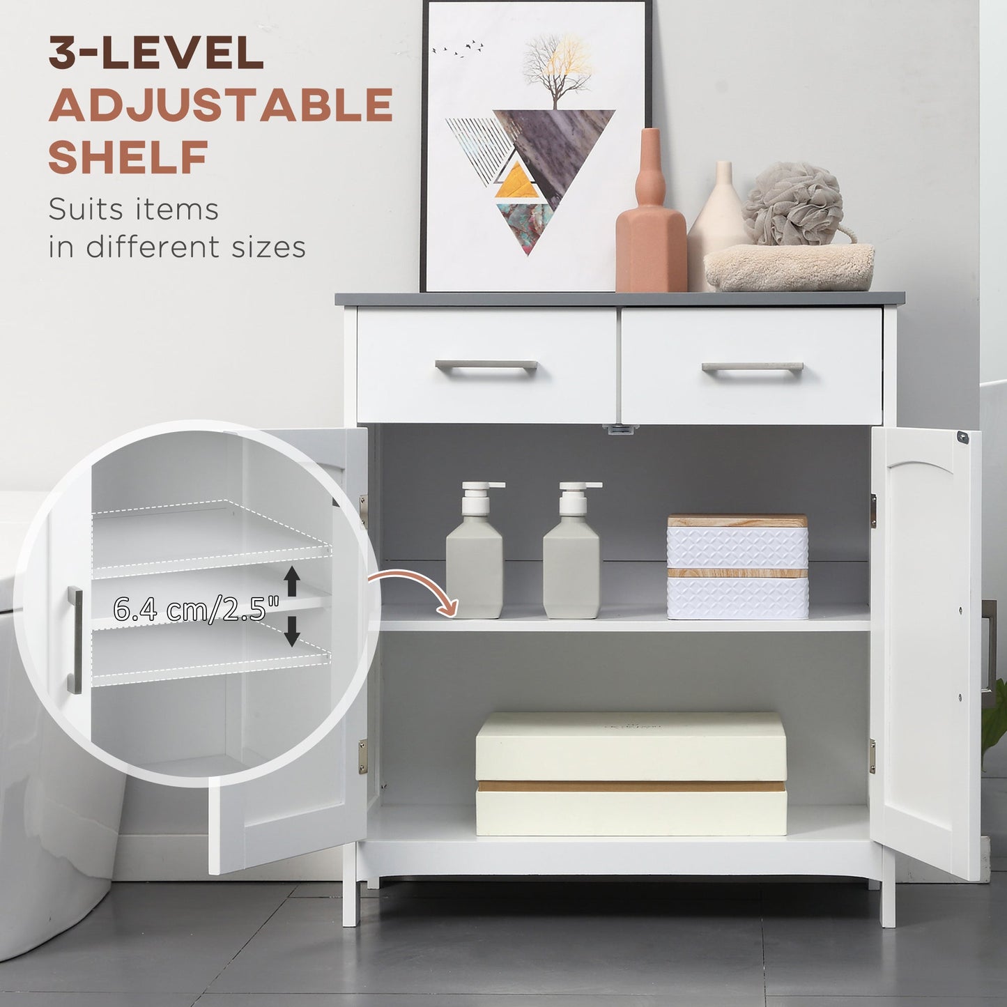 kleankin White Bathroom Cabinet: Drawers & Adjustable Shelf