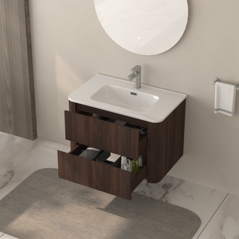Dark Walnut 30" Floating Bathroom Vanity, Integrated Sink
