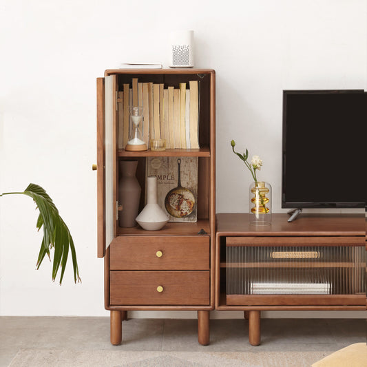 Vintage Corner Cabinet for Living Room, Glass Door & Drawers