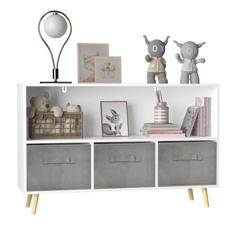 Modern Kids Bookcase for Playroom w/ Collapsible Fabric Bins