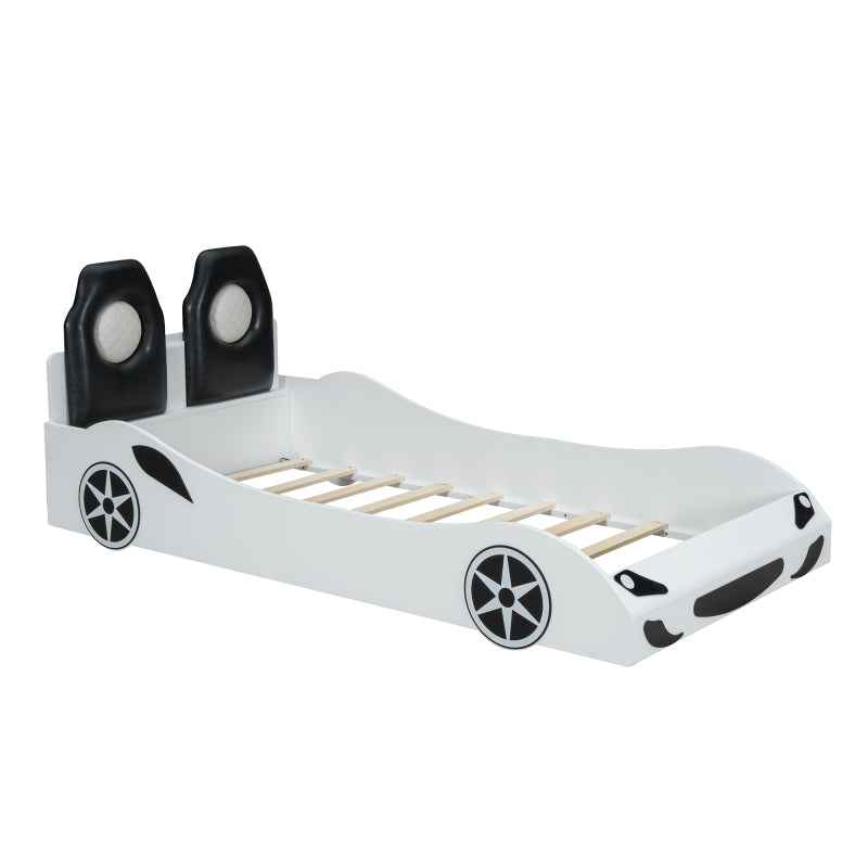 Race Car Twin Platform Bed for Kids, LED & Padded Headboard