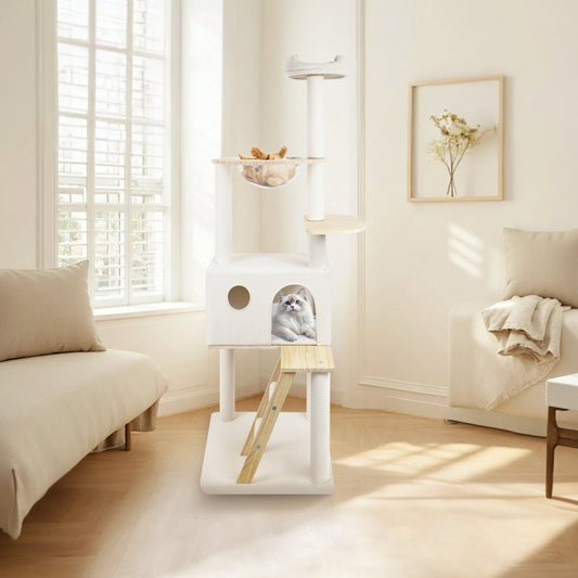 Tall Modern Wooden Indoor Cat Tree with Clear Capsule Perch
