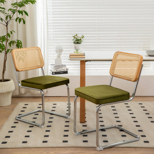 RR Mid-Century Dining Chairs, Velvet & Rattan, Set of 2