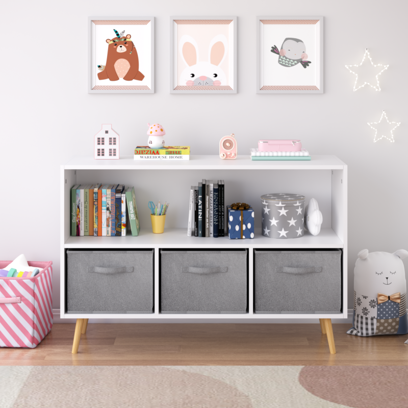 Modern Kids Bookcase for Playroom w/ Collapsible Fabric Bins