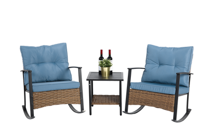 Wicker Patio Rocking Chair Set, 3-Pc, Blue, Compact