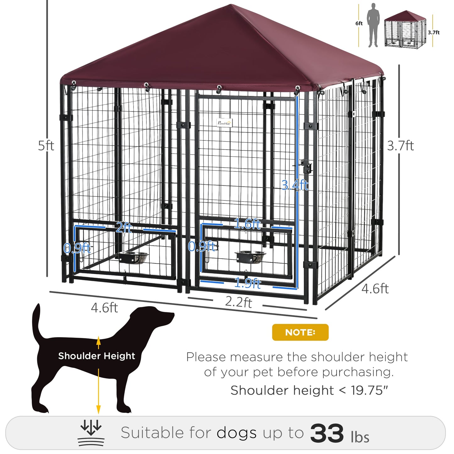 PawHut Red Backyard Dog Kennel with Cover & Rotating Bowls