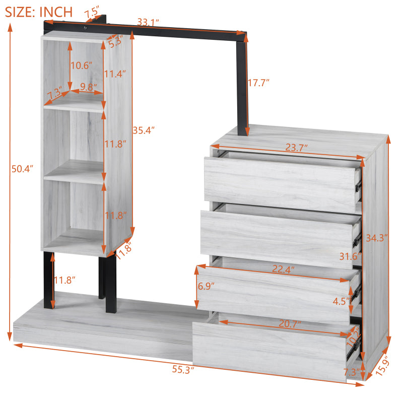 Sleek White Bedroom Wardrobe, 4 Drawers & 3 Shelves