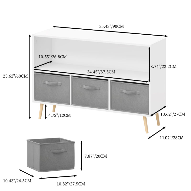 Modern Kids Bookcase for Playroom w/ Collapsible Fabric Bins