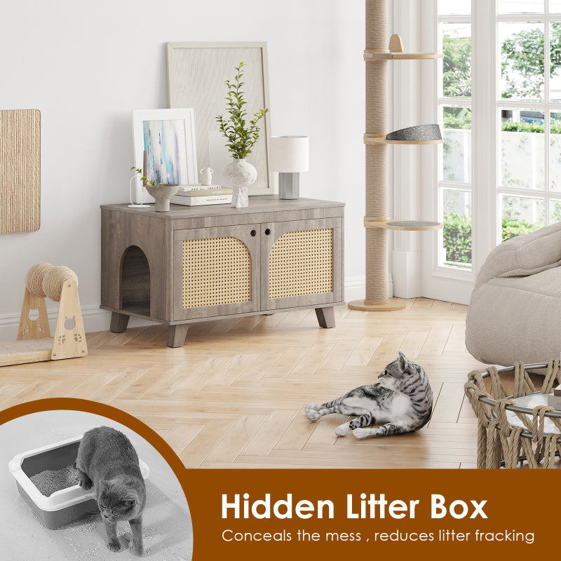 Boho Rattan Cat Litter Box Cabinet for Home, Flip-Top