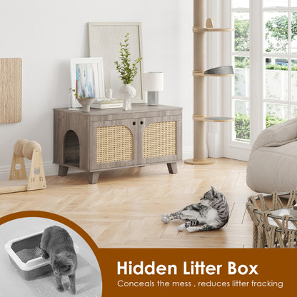Boho Rattan Cat Litter Box Cabinet for Home, Flip-Top