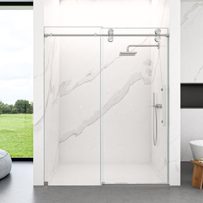 56"-60"W x 72"H Frameless Single Sliding Shower Door _ 5/16" (8mm) Clear Tempered Glass, Bypass Design with Matte Black Finish