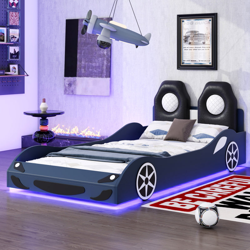 Race Car Twin Platform Bed for Kids, LED & Padded Headboard