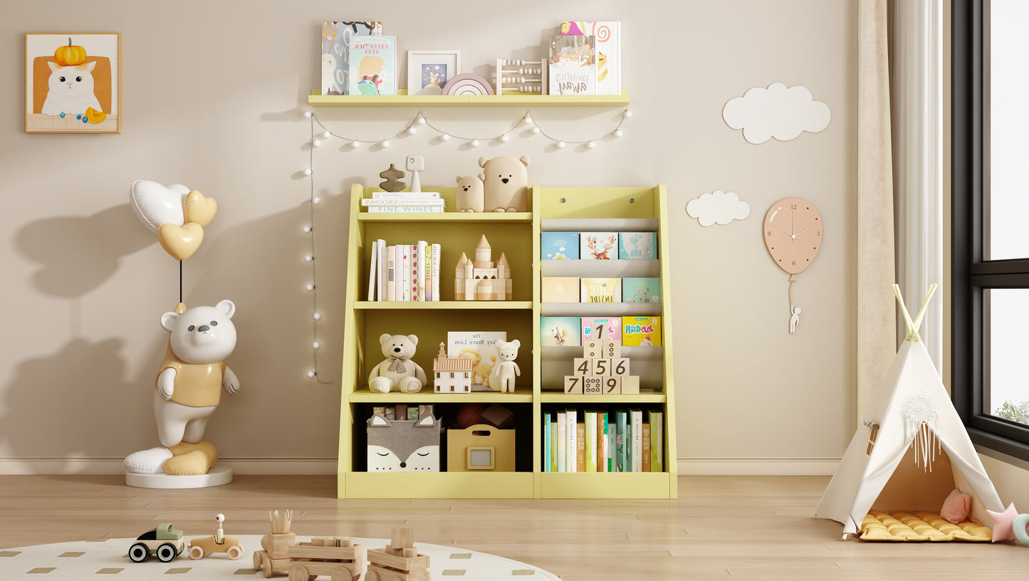 Yellow Wooden Toy Storage Organizer Cabinet Kids Bookshelf  Children Bookcase Toddler Baby Sling Book Rack Shelf for Playroom Bedroom Nursery Hallway School Kindergarten Living Roomy