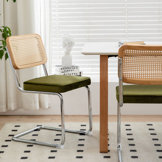 RR Mid-Century Dining Chairs, Velvet & Rattan, Set of 2
