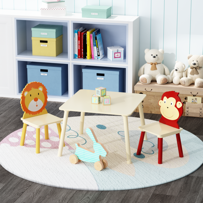 Wooden Kids Table & 2 Chairs for Playroom, Lion & Monkey