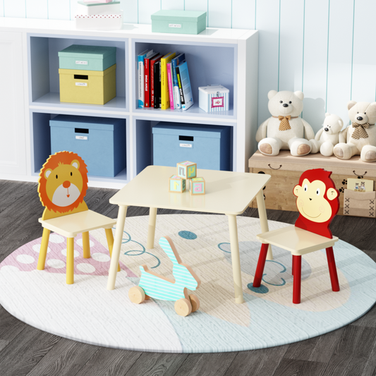 Wooden Kids Table & 2 Chairs for Playroom, Lion & Monkey