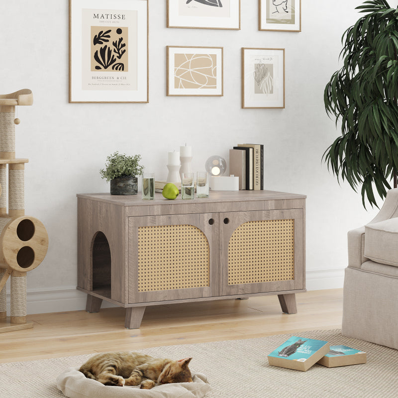 Boho Rattan Cat Litter Box Cabinet for Home, Flip-Top