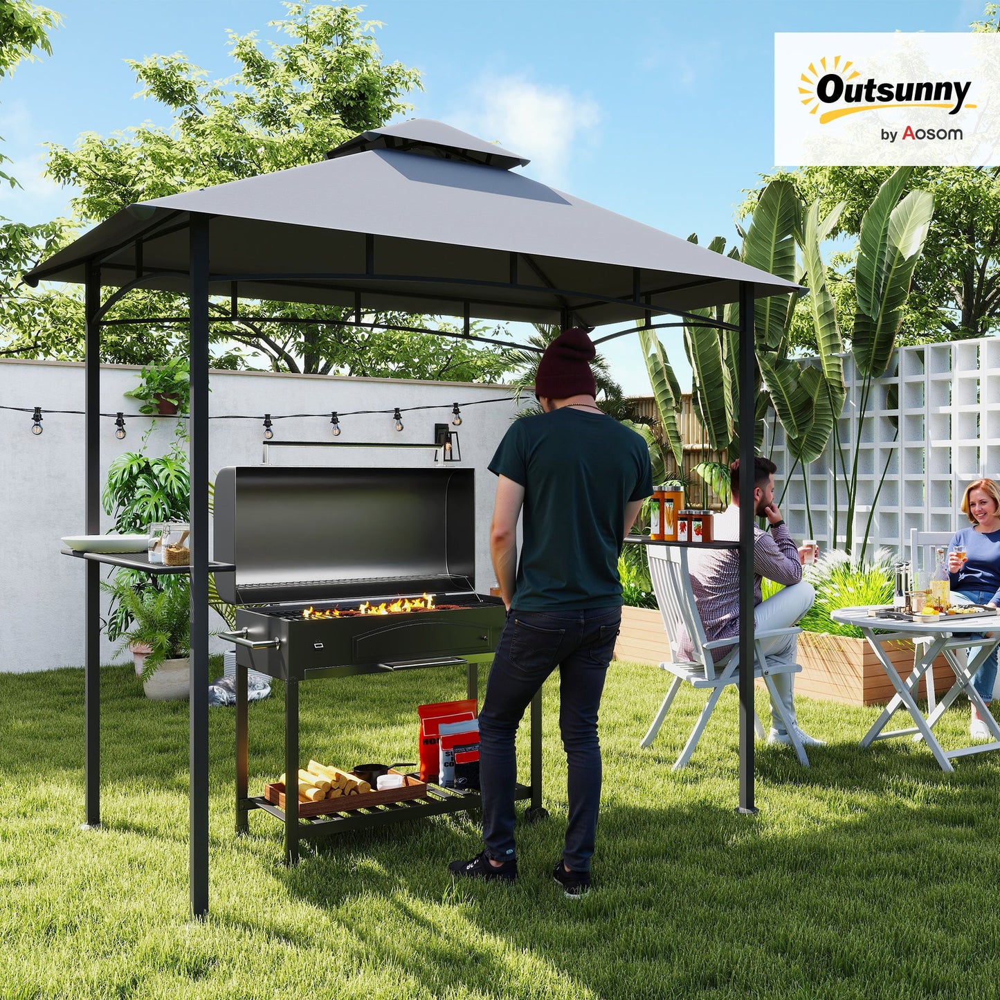 Outsunny Modern Grill Gazebo for Backyard BBQ, Side Shelves