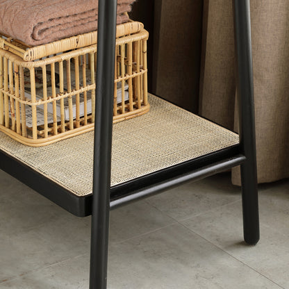 Boho Solid Oak Garment Rack for Entryway, Rattan Shelves