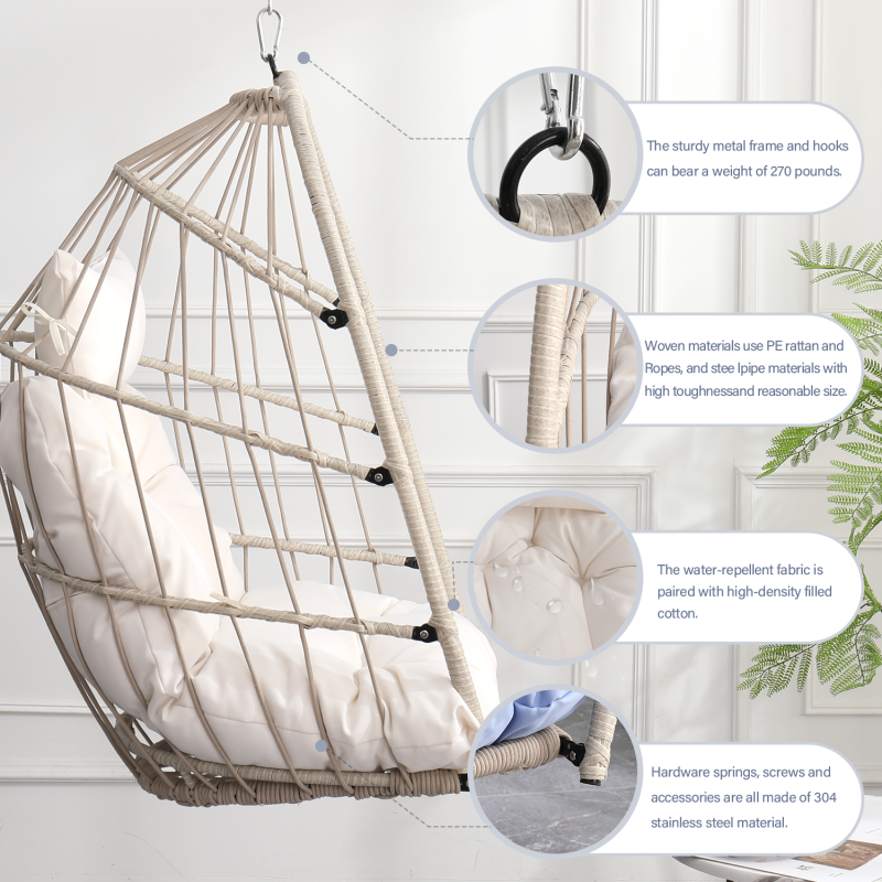 Boho Egg Swing Chair for Patio, All-Weather White PE Rattan